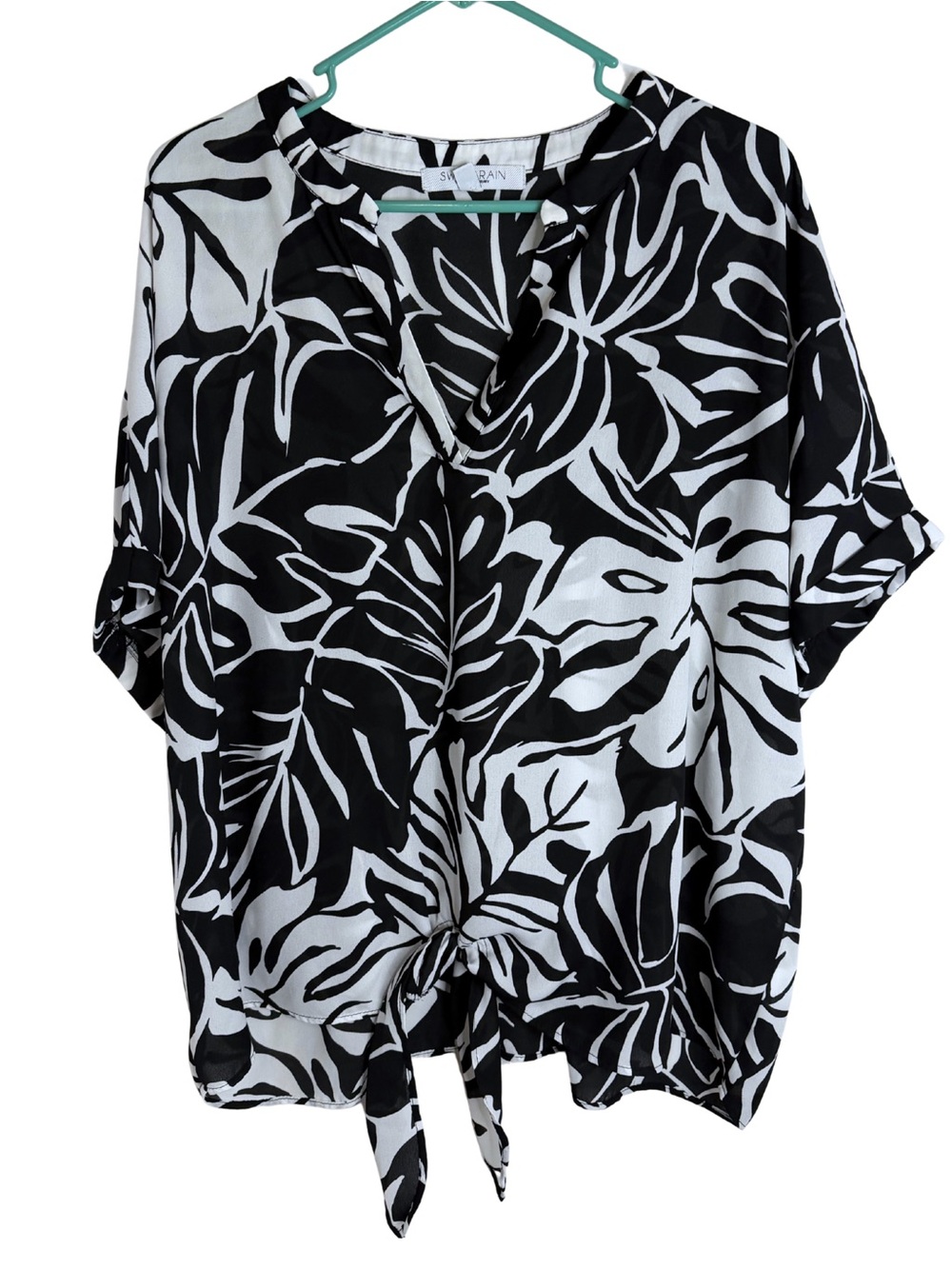Sweet Rain Black & White Leaf Print Short Sleeve Sheer Blouse Size 2X